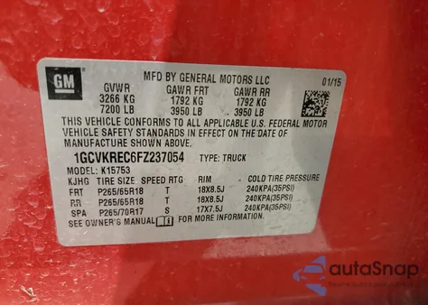 2015 Chevrolet Silverado K1500 Lt из США, поврежденный, VIN 1GCVKREC6FZ237054